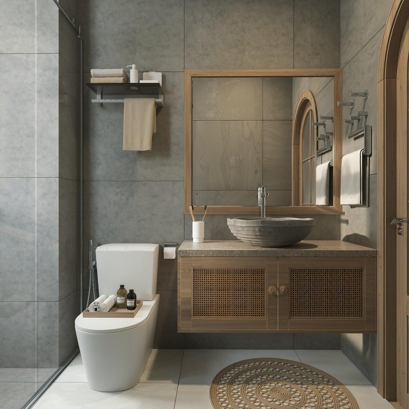 Luxury bathroom design featuring elegant tile walls, countertops, and modern fixtures