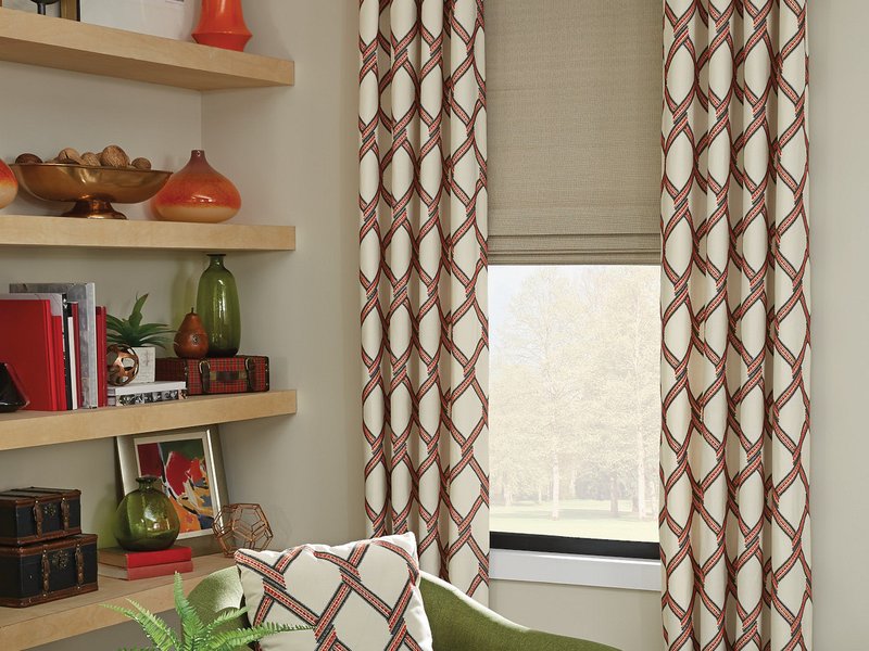 Modern living room with custom Horizons woven shades and drapery from Carpet and Tile By the Mile